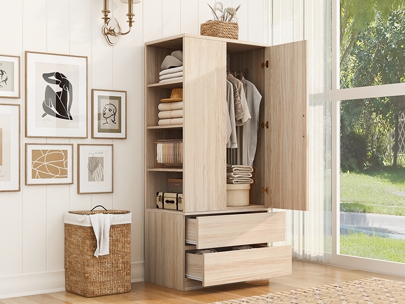 Armoire multifonction avec penderie, grand tiroir 2 niveaux, étagères ouvertes, 1 porte, 70x50x175cm, bois - Conforama B