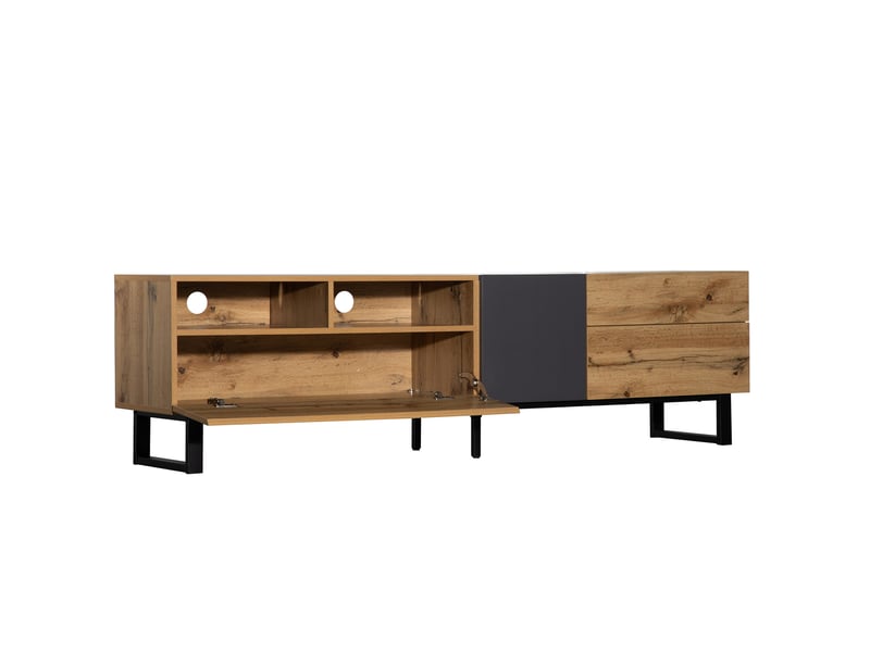  Meuble tv 180 cm moderne design chêne et anthracite avec rangements multiples et pieds en métal noir  - Conforama R