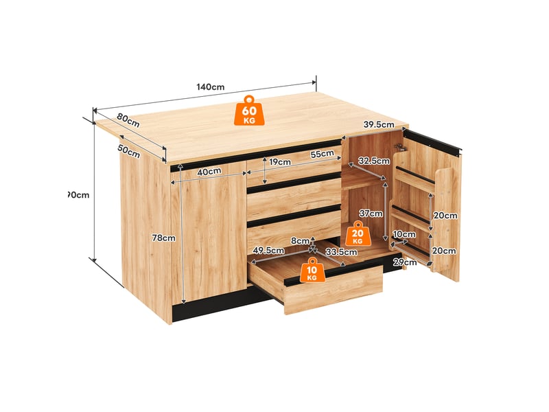  Îlot de cuisine 140 cm avec plan de travail rabattable, 4 tiroirs, naturel et noir  - Conforama E