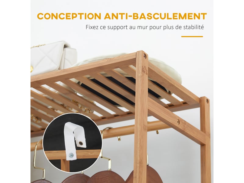 Portant à vêtements en bambou avec étagère de rangement à 6 niveaux et tringle de suspension, bois naturel, 90x30x145cm - Conforama W
