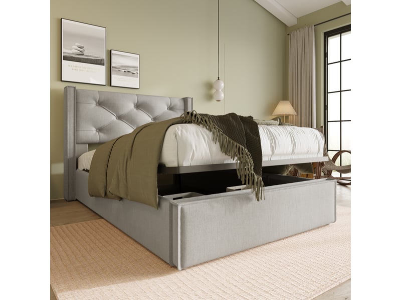  Lit enfant rembourré 90x200cm avec matelas, cadre de lit adulte avec sommier à lattes métalliques, gris clair, lit 1 personne  - Conforama C