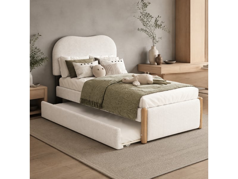  Lit gigogne 90x200 cm rembourré avec lit coulissant, revêtement peluche blanc  - Conforama D