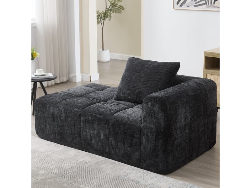  Canapé noir en chenille avec méridienne, coussin inclus et poches latérales pratiques pour salon  - Conforama B