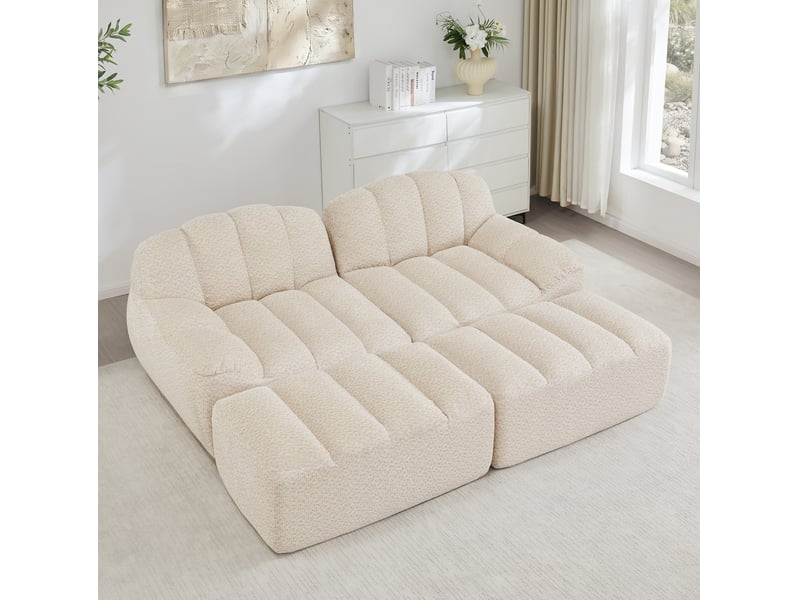  Canapé modulaire 2 places ulevr avec 2 poufs, 210 x 165 x 79 cm, mousse 32d, tissu bouclette beige et blanc  - Conforama B