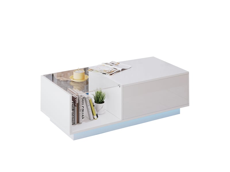  Table basse relevable avec rangement caché, niche ouverte et led contrôlée par app, pour salon, blanc  - Conforama A