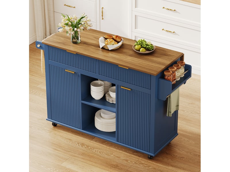  Desserte de cuisine 143x45x89,5 cm bleu et marron mdf, plan rabattable, rangements sur roulettes  - Conforama B