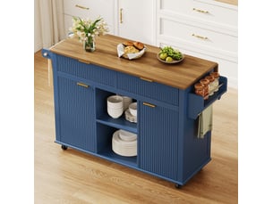Desserte de cuisine 143x45x89,5 cm bleu et marron mdf, plan rabattable, rangements sur roulettes