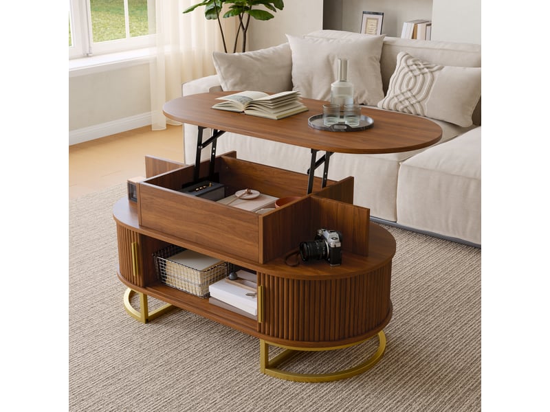  Table basse ovale relevable 100x50x64 cm avec rangement caché, 2 portes coulissantes rainurées, niche ouverte, piètement métal doré, mdf effet noyer  - Conforama B