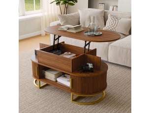 Table basse ovale relevable 100x50x64 cm avec rangement caché, 2 portes coulissantes rainurées, niche ouverte, piètement métal doré, mdf effet noyer