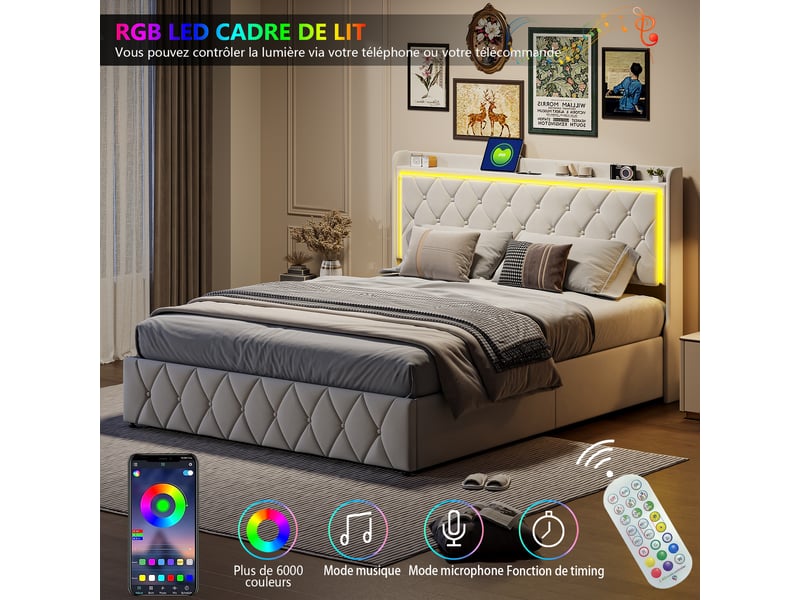  Lit double 140 x 190 cm,hydraulique, led, usb et de type c, cadre de lit coffre 140x190 cm, lit rembourré, beige,velours  - Conforama E