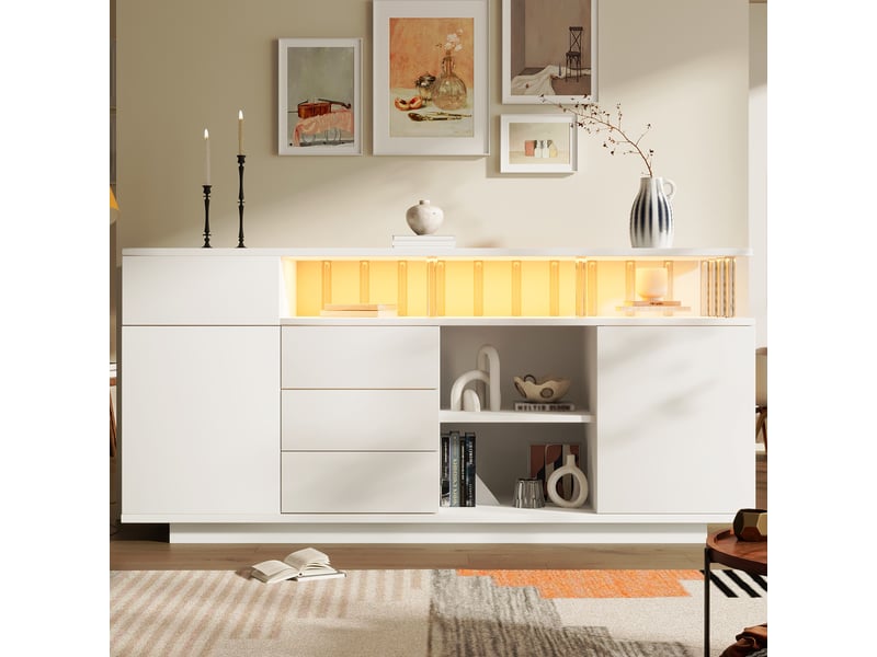  Buffet et enfilade avec 4 tiroirs, 2 portes, étagères réglables et led pour salon en bois 160×40×75 cm blanc  - Conforama B