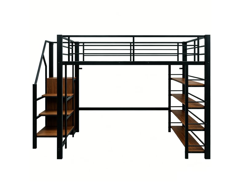  Lit mezzanine 140 x 200 cm, avec escalier de sécurité, espace de rangement et petite penderie, étagères, barrière de sécurité haute, lit simple, lit enfant, noir  - Conforama D
