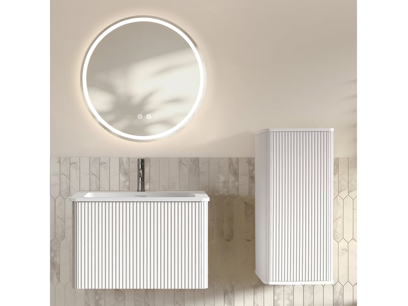 Meuble sous vasque avec vasque et miroir rond led antibuée avec colonne suspendue pour salle de bain moderne blanc - Conforama B