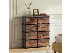 Commode en tissu 8 tiroirs avec porte-manteau, style industriel marron rustique, meuble de rangement 100 cm