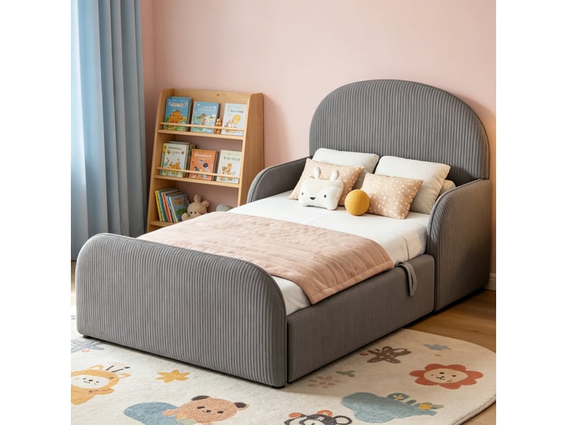  Lit enfant capitonné 90 x 200 cm gris avec coffre hydraulique, tête haute et barrières de sécurité sûres  - Conforama C