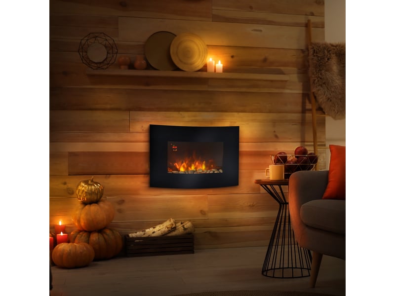 Cheminée électrique murale noire, éclairages latéraux led multicolores, 9001800 w - Conforama C
