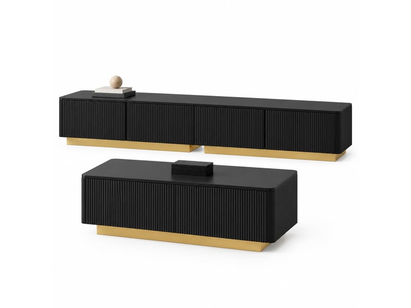 Meuble tv et table basse 2 pièces avec rangements et façades rainurées, en mdf et panneaux de particules, noir, salon - Conforama A