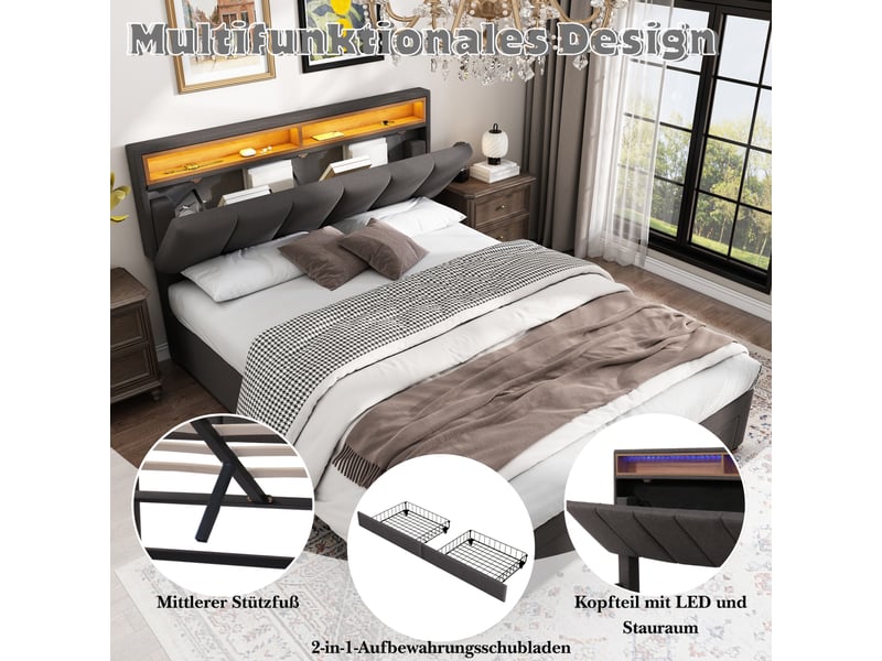  Lit coffre 140x190 avec sommier led, lit double hydraulique avec 2 tiroirs rangement et tête de lit réglable, gris lin  - Conforama D