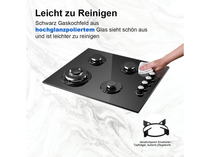 Plaque de cuisson gaz 4 feux, plaque gaz 60 cm en verre trempé noir, 8000 w, encastrable ou posable, gaz naturel et propane - Conforama R