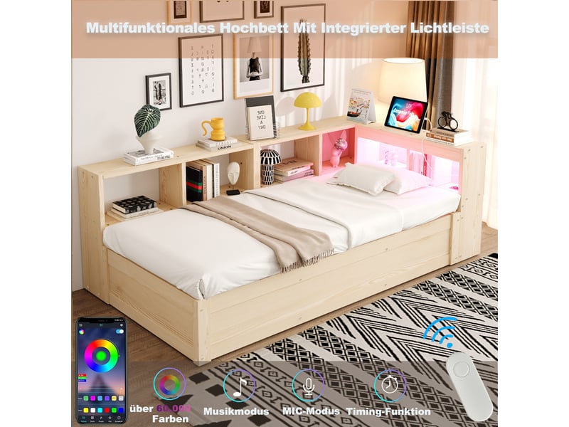  Lit banquette 90 × 200 cm bois naturel avec prise européenne, compartiments, led et relevage  - Conforama C