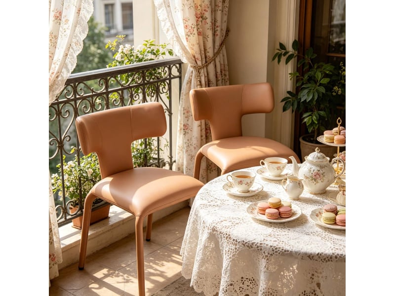  Chaise de salle à manger lot de 2 avec dossier incurvé et assise rembourrée en similicuir marron clair  - Conforama E