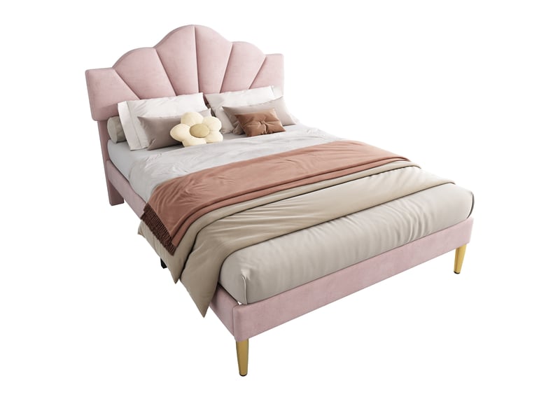  Lit enfant 140x190 cm, lit en forme de coquille avec pieds en fer doré, tête de lit réglable en hauteur, sommier à lattes en bois, rose  - Conforama A