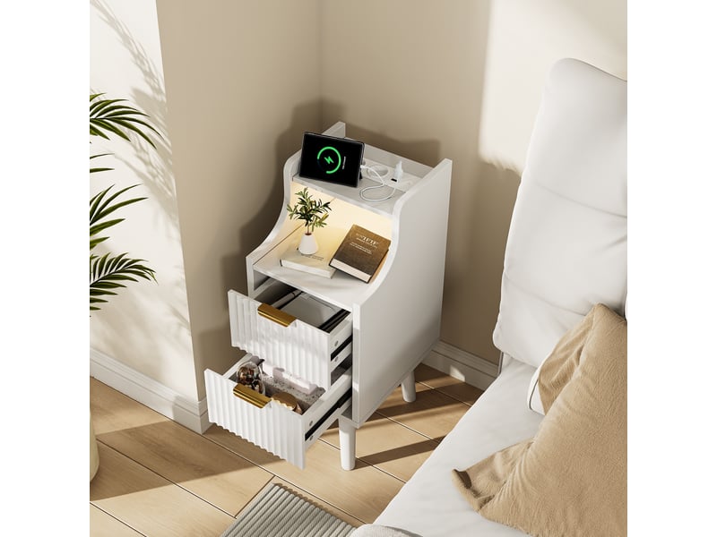 Lot de 2 tables de chevet,avec prises et ports usb et bande led 3 couleurs,meuble de nuit étroit design ondulé avec 2 tiroirs et niche ouverte,blanc  - Conforama C