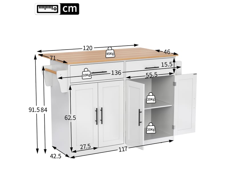  Desserte de cuisine 120 x 71 x 91,5 cm avec plateau rabattable, roulettes, mdf blanc  - Conforama C