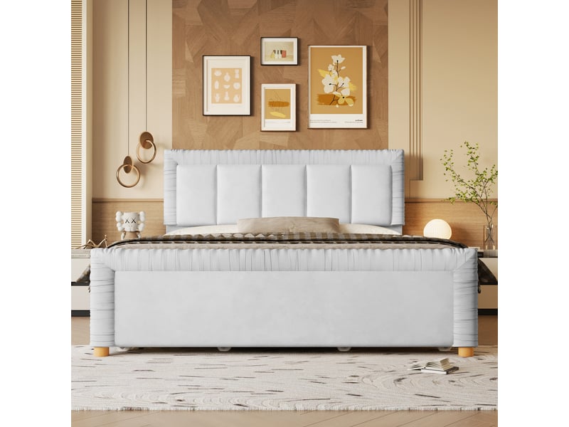  Lit 140 x 200 cm gris, velours français, deux tiroirs sous le lit et piètement bois élégant  - Conforama D