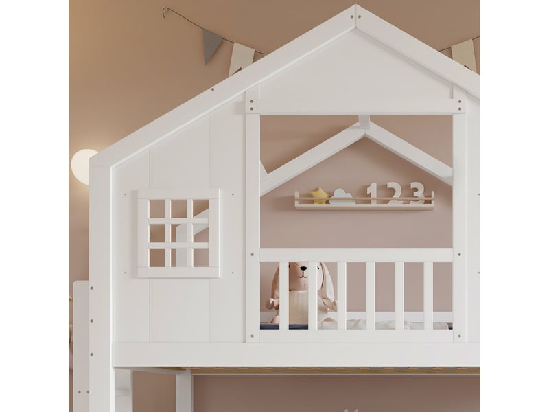 Lit superposé enfant 90x200 cm - avec toboggan et échelle - avec toit et fenêtres - bois massif + mdf - blanc (sans matelas) - Conforama W