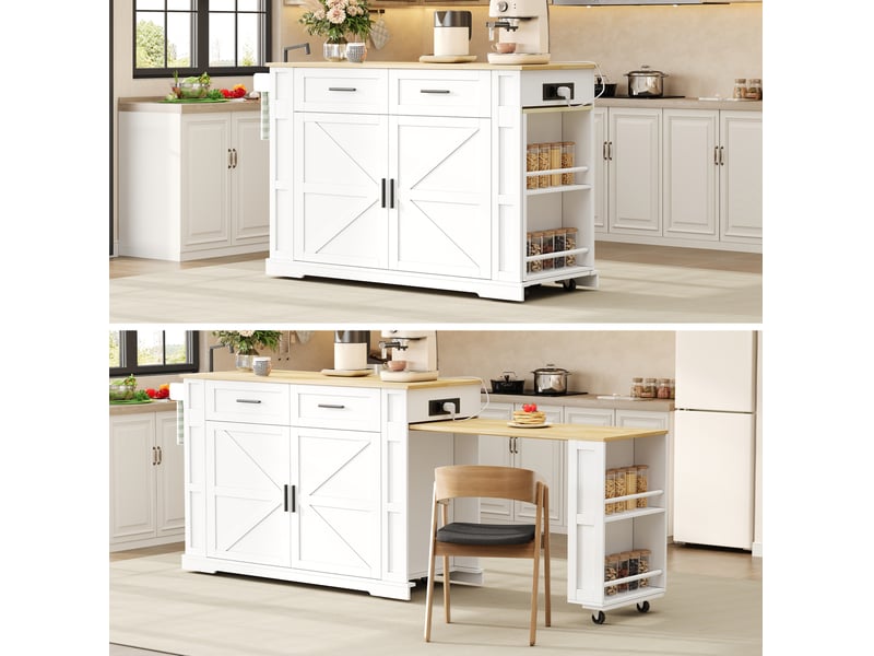 Îlot de cuisine mobile avec plan de travail extensible, prises et usb, 2 tiroirs, rangement double porte, 7 roulettes - Conforama E