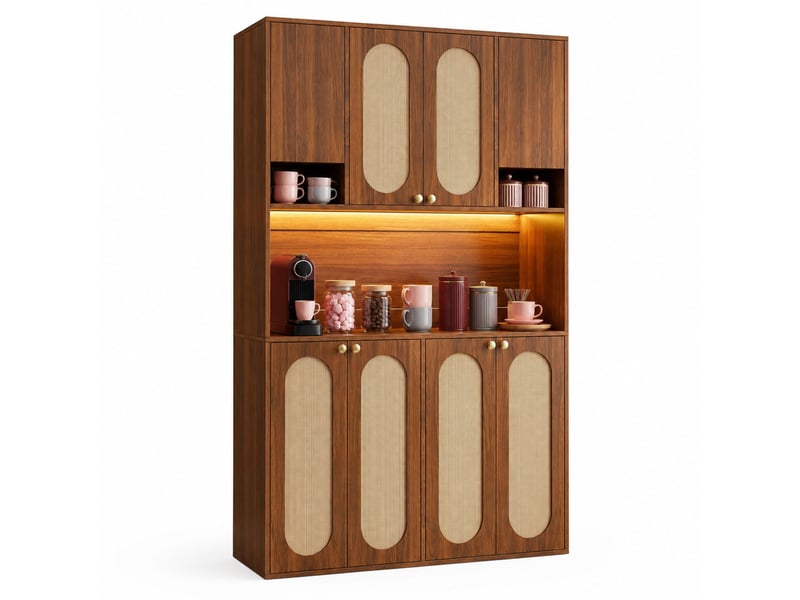 Buffet haut ulevr de rangement à 8 portes, 106 x 40 x 178 cm, espace bar avec led réglable, mdf et décor en rotin pe naturel  - Conforama A