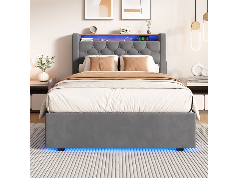 Lit coffre 90x190 cm, lit enfant avec éclairage led - lit rembourré avec prise électrique et tête de lit pliable - gris foncé velours, métal et bois, sans matelas  - Conforama B