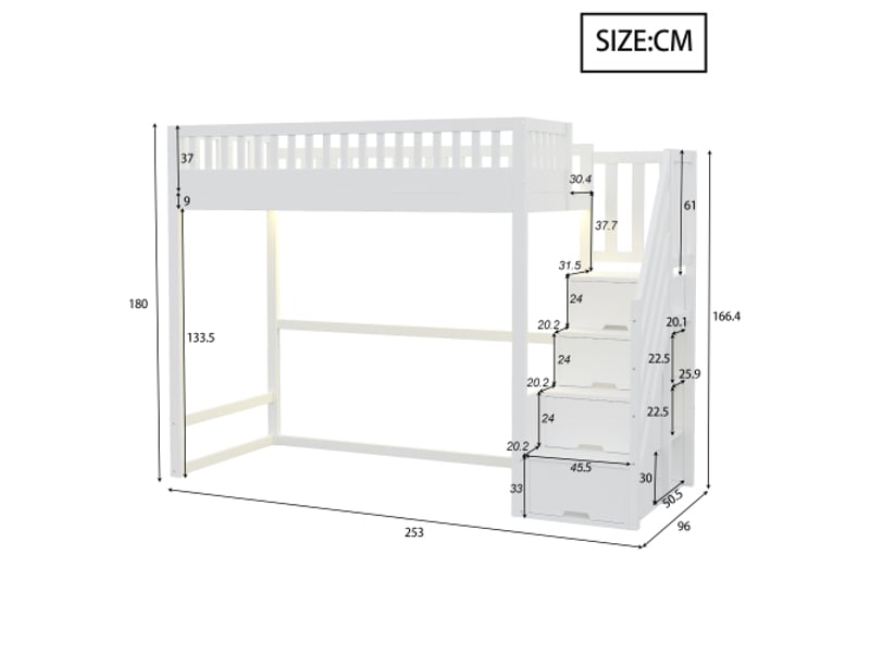Lit mezzanine 90x200 cm avec escalier de rangement et led, garde-corps de sécurité, en bois, blanc  - Conforama E