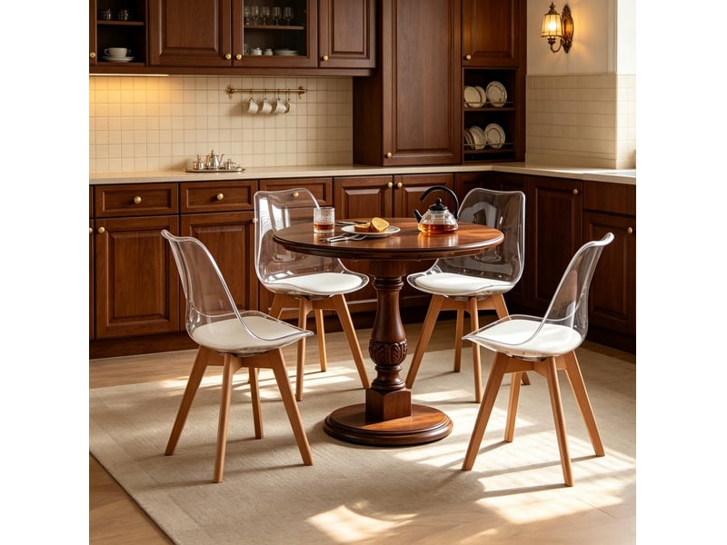  Lot de 4 chaises de salle à manger modernes en plastique et bois, assise blanche  - Conforama C