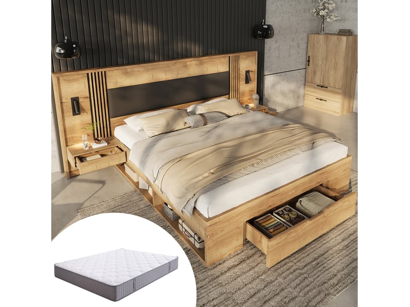  Lit double 180×200 cm avec rangement, lampe de lecture, 2 chevets, tiroirs, matelas inclus en mdf naturel  - Conforama B
