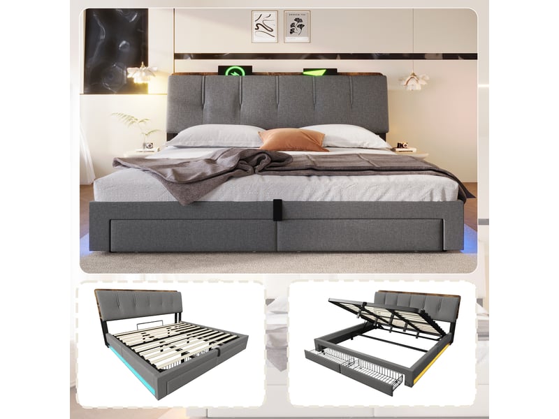  Lit coffre 180x200 cm, lit double, rangement hydraulique, led, lin gris, usb et usb-c  - Conforama C