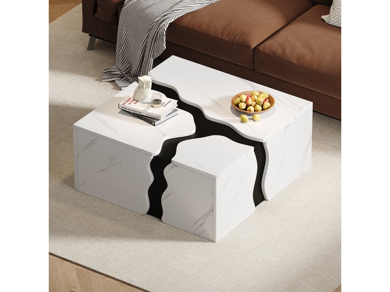  Table basse carrée 70x70 cm effet marbre, design géométrique cubique avec tiroir de rangement, blanc  - Conforama B