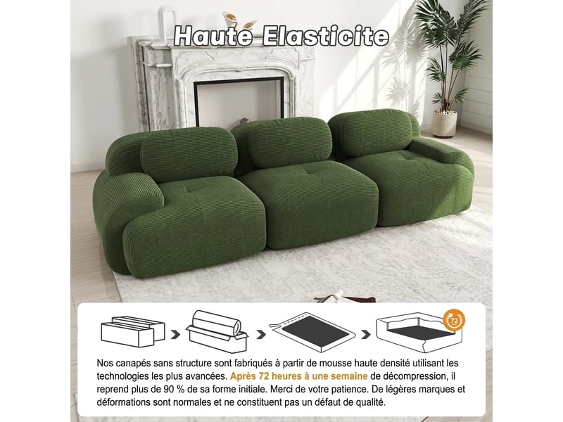 Canapé 2 places velours côtelé modulable sans cadre avec accoudoirs incurvés vert - Conforama C