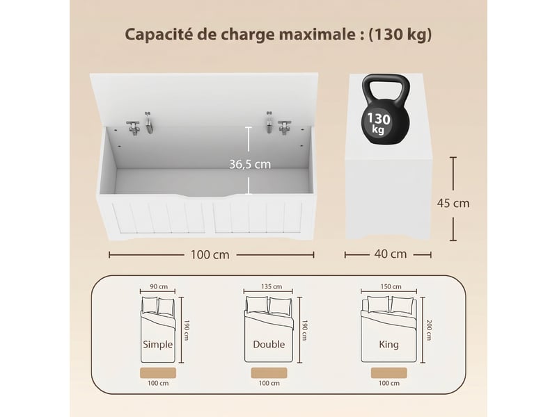  Banc de rangement d'une capacité de 136 litres, doté de 2 charnières de sécurité et sans poignée, 100 x 40 x 45 cm, blanc  - Conforama E