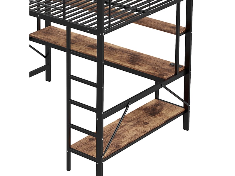  Lit mezzanine enfant 140 x 200 cm avec bureau et étagères, structure en métal et mdf noir  - Conforama R
