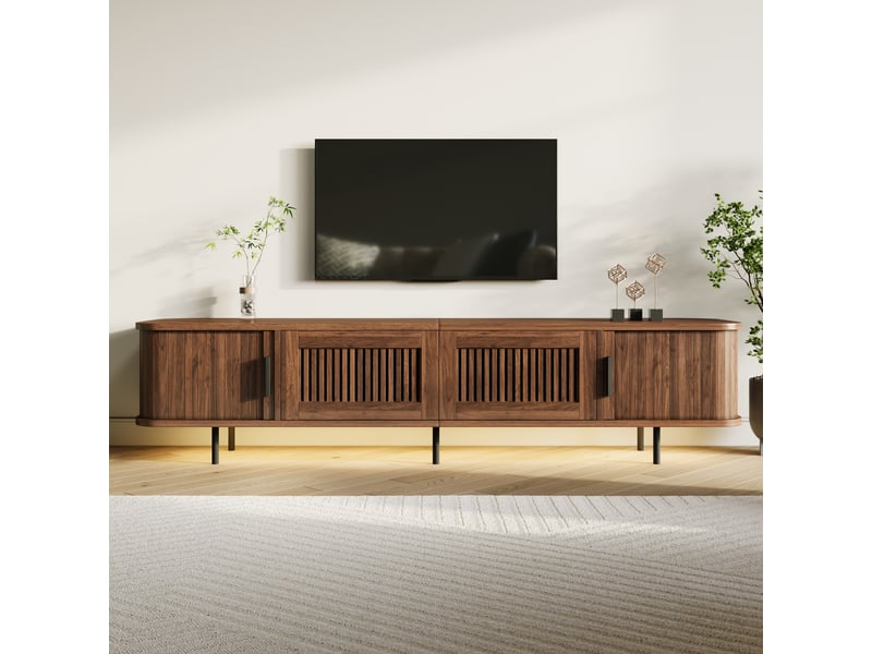  Meuble tv noyer 180x40x44cm rangement tiroirs portes portes coulissantes led application passe-câbles coins arrondis brillant mdf et  - Conforama C