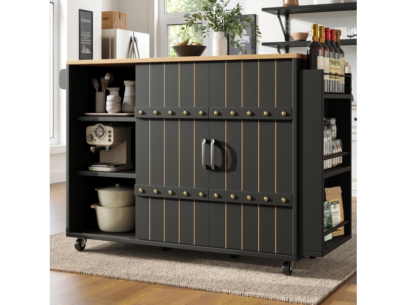  Desserte de cuisine 110x42x90 cm noire avec plateau rabattable et portes coulissantes  - Conforama D
