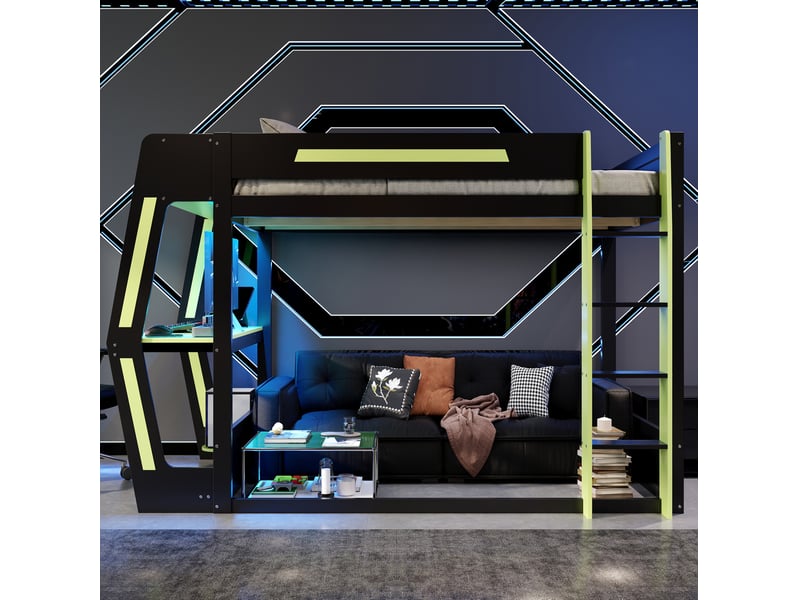  Lit mezzanine 120x200 cm noir et vert avec bureau, rangements et led  - Conforama B