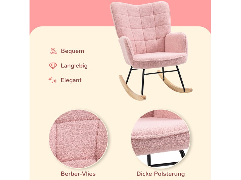  Fauteuil à bascule 71x98x101 cm, dossier haut, accoudoirs, tissu polyester, acier et bois de hêtre, rose  - Conforama D