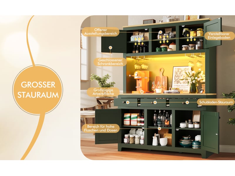 Buffet haut vert antique en mdf, façades en rotin pe, étagères réglables, système anti-basculement, pour cuisine et séjour - Conforama E