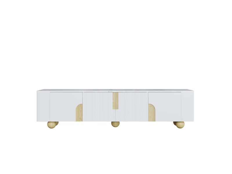  Meuble tv blanc 180 cm, 4 portes, effet marbre, pieds sphériques en bois, design élégant  - Conforama A