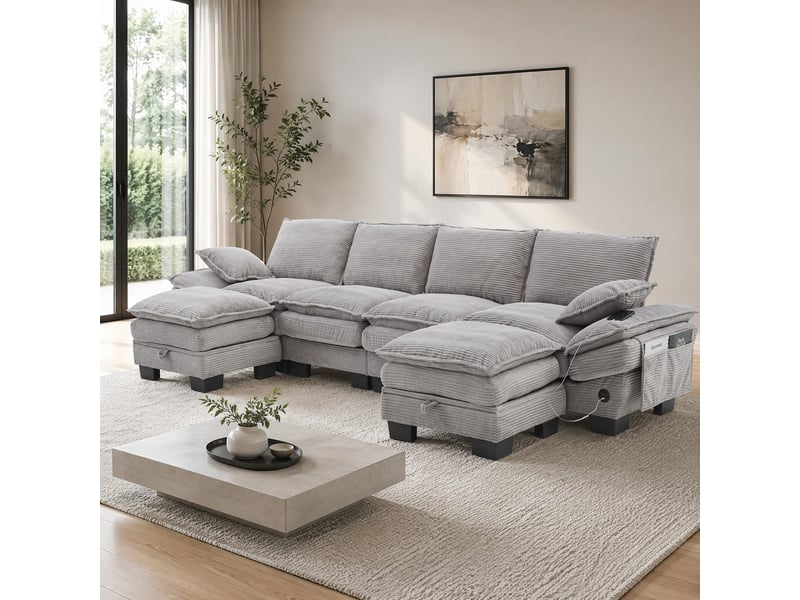 Canapé modulable 4 places en velours côtelé gris clair avec 2 poufs, usb-c et rangement intégré pratique  - Conforama B