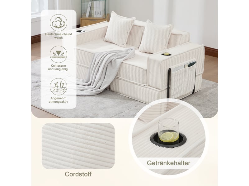 Canapé 2 places beige en velours côtelé 162 × 78 × 66 cm, 2 coussins, pouf, rangement latéral et porte-gobelets  - Conforama D