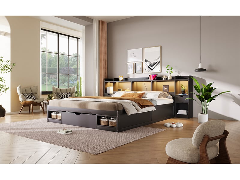  Lit avec rangement 180x200 cm, structure en bois, coloris noir, 3 tiroirs intégrés, éclairage led, ports usb et usb-c, chevets assortis  - Conforama E